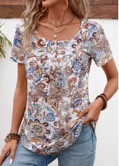 Light Coffee tops,Dark Coffee tops,Tribal tops,Button Tribal Print Light Coffee Round Neck T Shirt