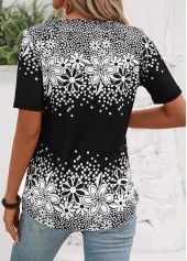 Black tops,Floral tops,Plants tops,Floral Print Black Asymmetrical Neck Short Sleeve T Shirt