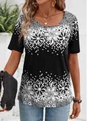 Black tops,Floral tops,Plants tops,Floral Print Black Asymmetrical Neck Short Sleeve T Shirt