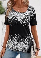 Black tops,Floral tops,Plants tops,Floral Print Black Asymmetrical Neck Short Sleeve T Shirt