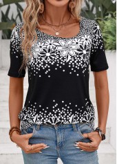 Black tops,Floral tops,Plants tops,Floral Print Black Asymmetrical Neck Short Sleeve T Shirt