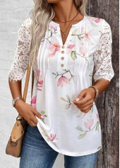 ROTITA Tuck Stitch Floral Print White Split Neck T Shirt