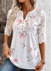 White tops,Floral tops,Plants tops,ROTITA Tuck Stitch Floral Print White Split Neck T Shirt