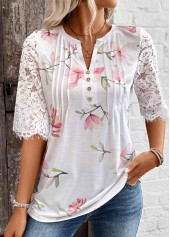White tops,Floral tops,Plants tops,ROTITA Tuck Stitch Floral Print White Split Neck T Shirt