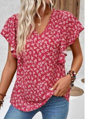 ROTITA Ruffle Ditsy Floral Print Wine Red V Neck Blouse