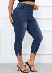 Denim Blue plus size,Plain Color plus size,Plus Size Button Denim Blue Skinny High Waisted Pants