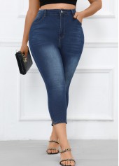 Denim Blue plus size,Plain Color plus size,Plus Size Button Denim Blue Skinny High Waisted Pants