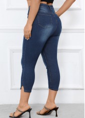 Denim Blue plus size,Plain Color plus size,Plus Size Button Denim Blue Skinny High Waisted Pants