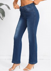 Denim Blue bottoms,Plain Color bottoms,Denim Blue Elastic Waist High Waisted Jeans