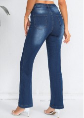 Denim Blue bottoms,Plain Color bottoms,Denim Blue Elastic Waist High Waisted Jeans