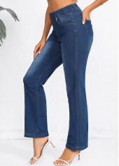 Denim Blue bottoms,Plain Color bottoms,Denim Blue Elastic Waist High Waisted Jeans