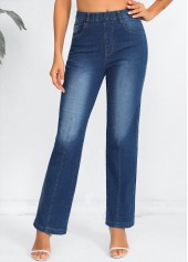 Denim Blue bottoms,Plain Color bottoms,Denim Blue Elastic Waist High Waisted Jeans