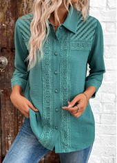 Turquoise tops,Plain Color tops,ROTITA Patchwork Turquoise Button 3/4 Sleeve Shirt
