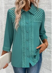 Turquoise tops,Plain Color tops,ROTITA Patchwork Turquoise Button 3/4 Sleeve Shirt
