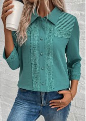 Turquoise tops,Plain Color tops,ROTITA Patchwork Turquoise Button 3/4 Sleeve Shirt