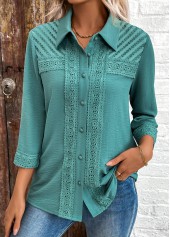 Turquoise tops,Plain Color tops,ROTITA Patchwork Turquoise Button 3/4 Sleeve Shirt