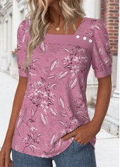 Dark Reddish Purple tops,Floral tops,Plants tops,ROTITA Asymmetry Floral Print Dark Reddish Purple T Shirt