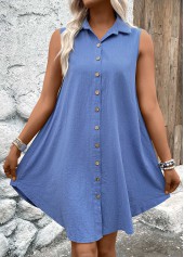 Denim Blue dresses,Plain Color dresses,Everyday dresses,Casual dresses,ROTITA Button Denim Blue A Line Shirt Collar Sleeveless Dress