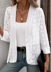 White tops,Plain Color tops,ROTITA Lace White 3/4 Sleeve Light Cardigan