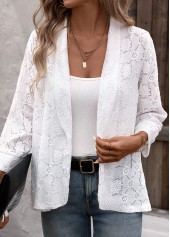 White tops,Plain Color tops,ROTITA Lace White 3/4 Sleeve Light Cardigan