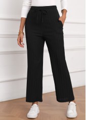 Textured Fabric Black Drawastring High Waisted Pants