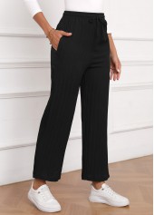 Black bottoms,Plain Color bottoms,Textured Fabric Black Drawastring High Waisted Pants