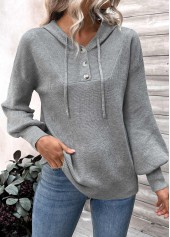 Dark Grey tops,Plain Color tops,Patchwork Dark Grey Hooded Long Sleeve Sweater