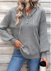 Dark Grey tops,Plain Color tops,Patchwork Dark Grey Hooded Long Sleeve Sweater