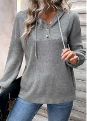 Dark Grey tops,Plain Color tops,Patchwork Dark Grey Hooded Long Sleeve Sweater