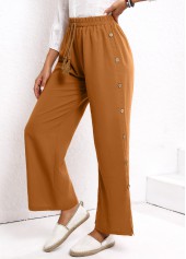 Dark Camel bottoms,Plain Color bottoms,Button Dark Camel Elastic Waist High Waisted Pants