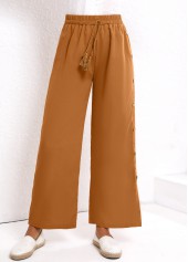 Dark Camel bottoms,Plain Color bottoms,Button Dark Camel Elastic Waist High Waisted Pants