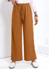 Dark Camel bottoms,Plain Color bottoms,Button Dark Camel Elastic Waist High Waisted Pants