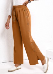 Dark Camel bottoms,Plain Color bottoms,Button Dark Camel Elastic Waist High Waisted Pants