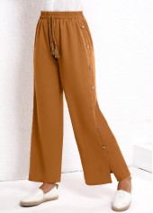 Dark Camel bottoms,Plain Color bottoms,Button Dark Camel Elastic Waist High Waisted Pants
