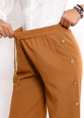 Dark Camel bottoms,Plain Color bottoms,Button Dark Camel Elastic Waist High Waisted Pants