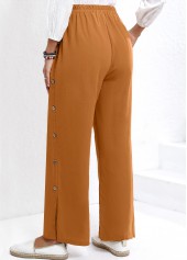Dark Camel bottoms,Plain Color bottoms,Button Dark Camel Elastic Waist High Waisted Pants