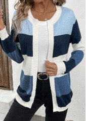 Blue tops,Contrast Color tops,Patchwork Design Blue Long Sleeve Cardigan