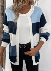 Blue tops,Contrast Color tops,Patchwork Design Blue Long Sleeve Cardigan