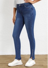 Split Dark Blue Skinny Button Fly High Waisted Jeans