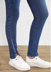 Dark Blue bottoms,Plain Color bottoms,Split Dark Blue Skinny Button Fly High Waisted Jeans