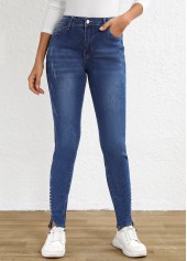 Dark Blue bottoms,Plain Color bottoms,Split Dark Blue Skinny Button Fly High Waisted Jeans