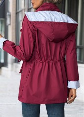 Wine Red tops,Plain Color tops,Lace Up Wine Red Hooded Long Sleeve Trench Coat