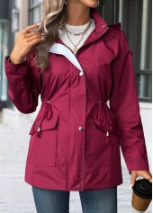 Wine Red tops,Plain Color tops,Lace Up Wine Red Hooded Long Sleeve Trench Coat