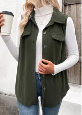 Olive Green plus size,Plain Color plus size,ROTITA Plus Size Patchwork Olive Green Shirt Collar Corduroy Waistcoat