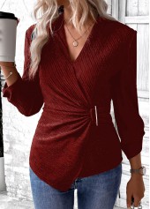 Wine Red tops,Plain Color tops,ROTITA Surplice Wine Red V Neck Long Sleeve Shirt