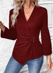 Wine Red tops,Plain Color tops,ROTITA Surplice Wine Red V Neck Long Sleeve Shirt