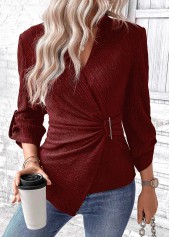 Wine Red tops,Plain Color tops,ROTITA Surplice Wine Red V Neck Long Sleeve Shirt