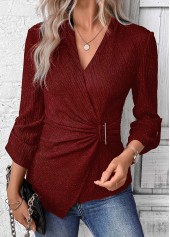Wine Red tops,Plain Color tops,ROTITA Surplice Wine Red V Neck Long Sleeve Shirt