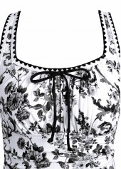 Black swimwear,Plants swimwear,Floral swimwear,ROTITA Drawstring Black Random Floral Print One Piece Swimwear