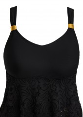 Black swimwear,Plain Color swimwear,ROTITA Lace V Neck Black Tankini Set